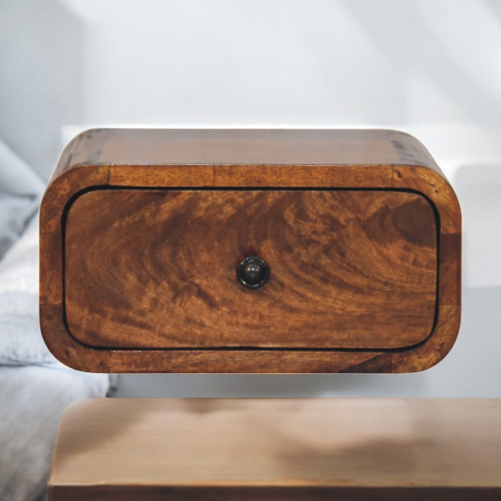 Elora floating chestnut bedside side view on wall