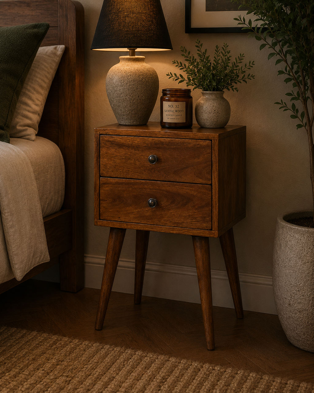 Astrid Mini Solid Wood 2 Drawer Bedside Table - Chestnut Finish