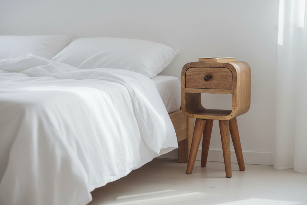 Ultra-compact oak bedside table solid mango wood with upper drawer and open slot – front view