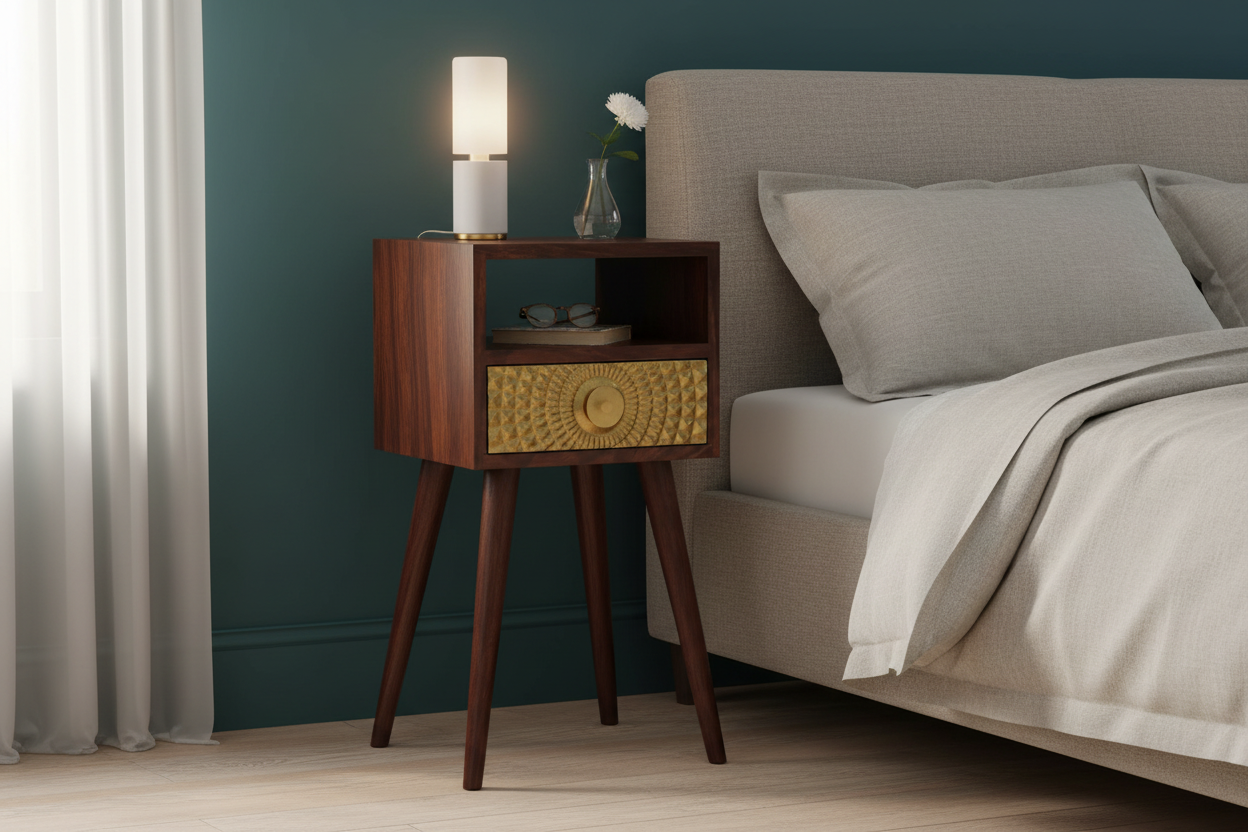 Eden mini chestnut bedside table solid mango wood with carved brass drawer and open shelf – front view