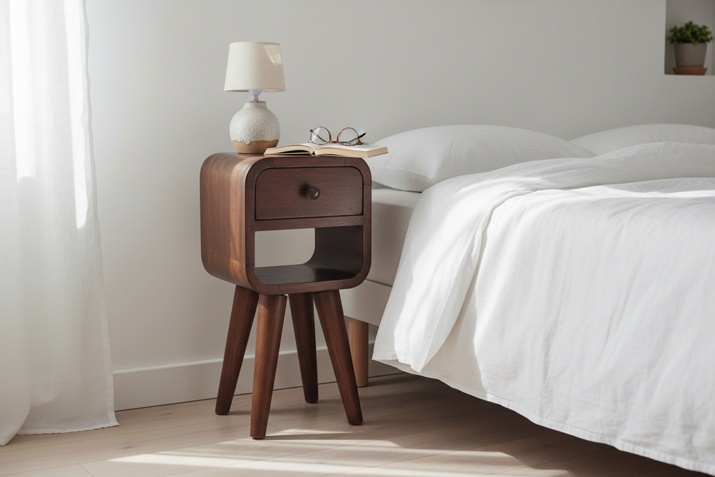 Ultra-compact chestnut bedside table solid mango wood with 1 drawer open slot and Nordic legs – front view