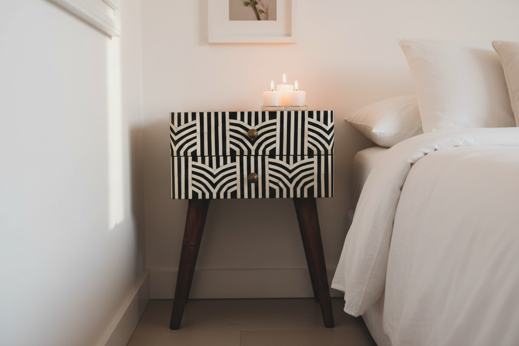 Boho geometric inlay bedside table in honey caramel solid mango wood with 2 drawers – front view