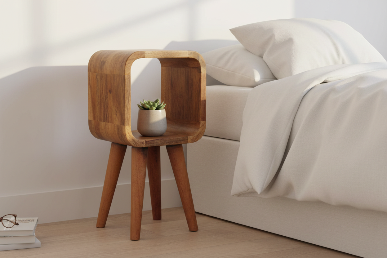 Ultra-compact minimalist oak bedside table solid mango wood open design – front view
