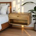 Luna floating oak bedside table wall-mounted solid mango wood with 1 drawer and open shelf – front view