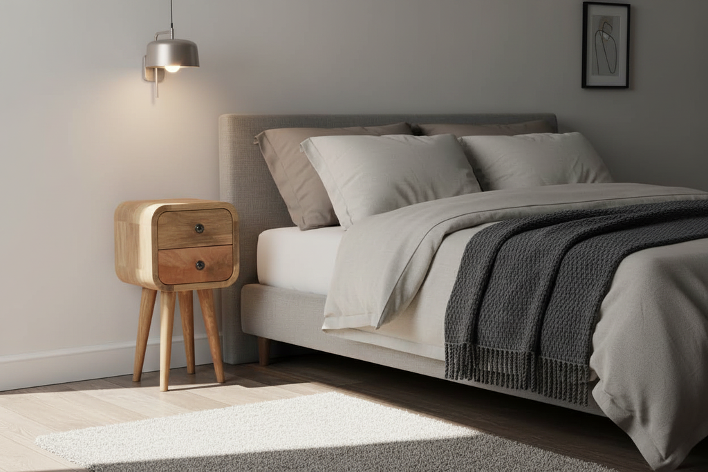 Ultra-compact 2-drawer oak bedside table solid mango wood with Nordic legs – front view