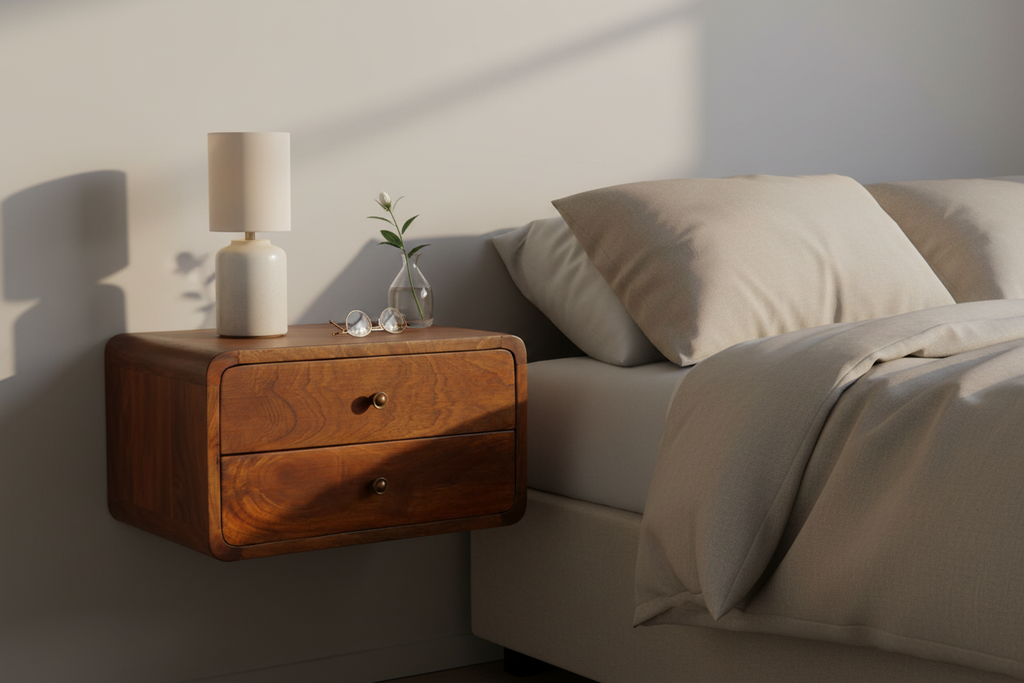 Beaumont floating chestnut bedside solid mango wood wall-mounted with 2 drawers – front view