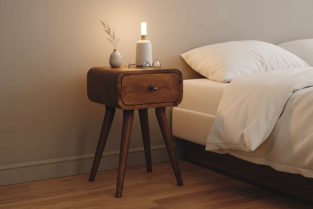 Elora mini chestnut bedside table solid mango wood with 1 drawer and Nordic legs – front view