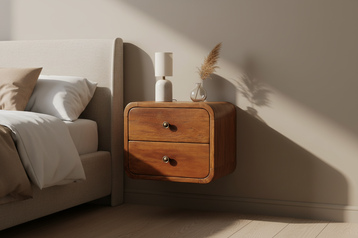 Floating mini chestnut bedside table wall-mounted solid mango wood with 2 drawers – front view