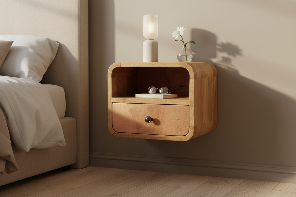 Curved floating oak bedside table wall-mounted solid mango wood with 1 drawer and open shelf – front view