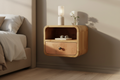 Curved floating oak bedside table wall-mounted solid mango wood with 1 drawer and open shelf – front view