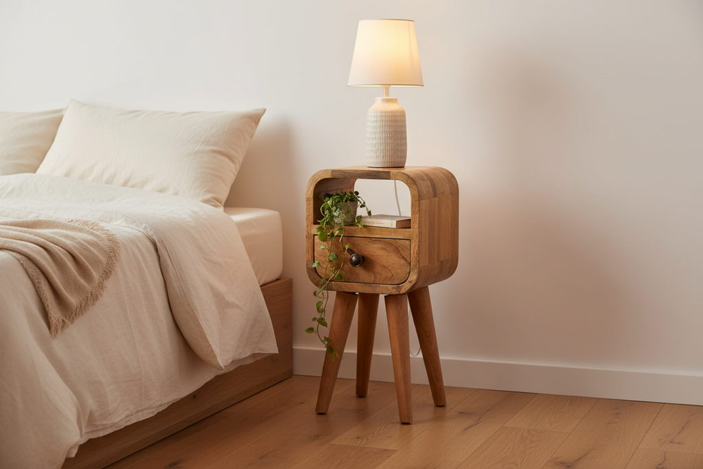 Ultra-compact oak bedside table solid mango wood with lower drawer and open slot – front view