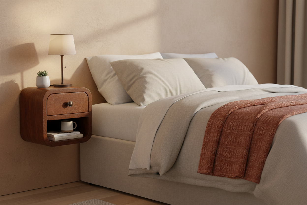 Ultra-compact chestnut floating bedside solid mango wood with 1 drawer and open shelf – front view