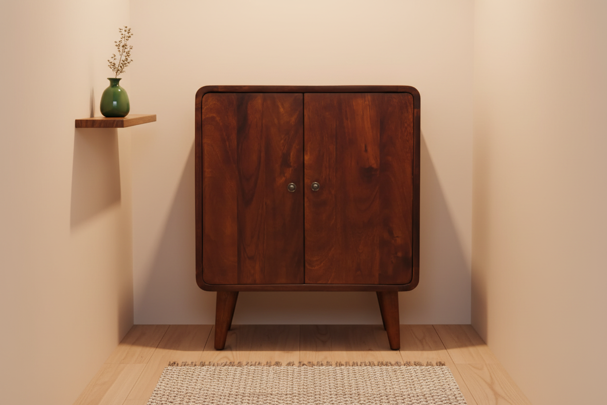 Mini Kensington chestnut cabinet solid mango wood with 2 doors and Nordic legs – front view
