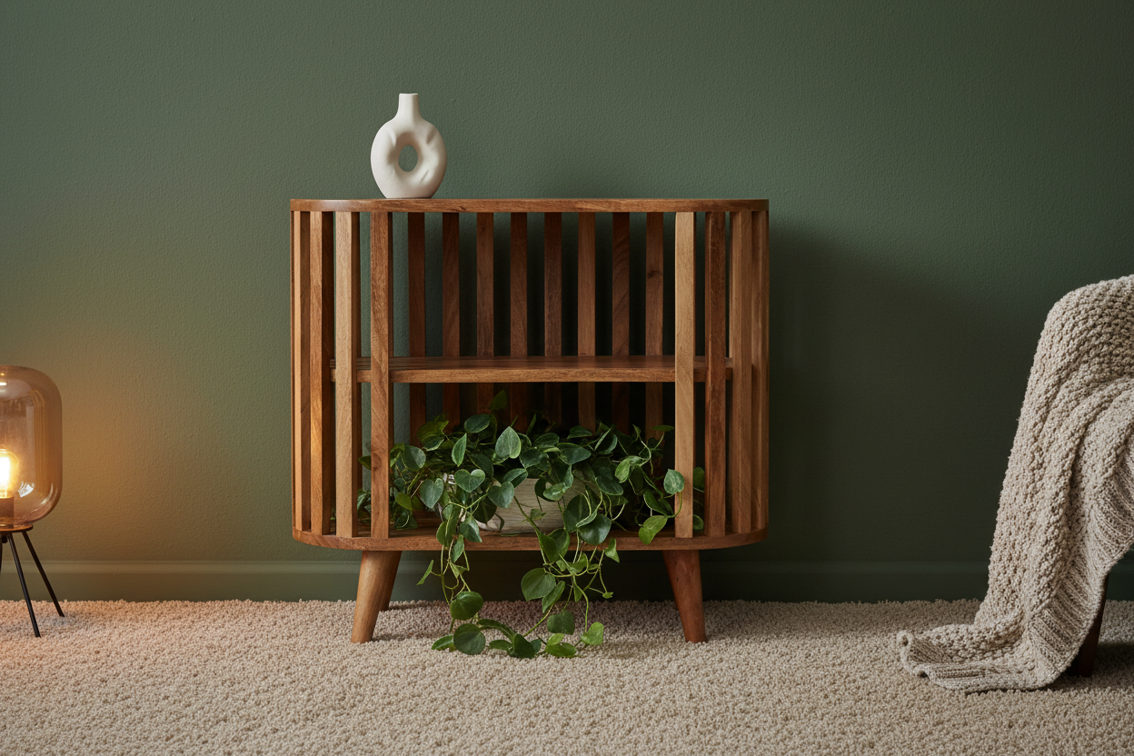 Novella Japandi accent cabinet solid mango wood in oak with slatted open shelves – front view