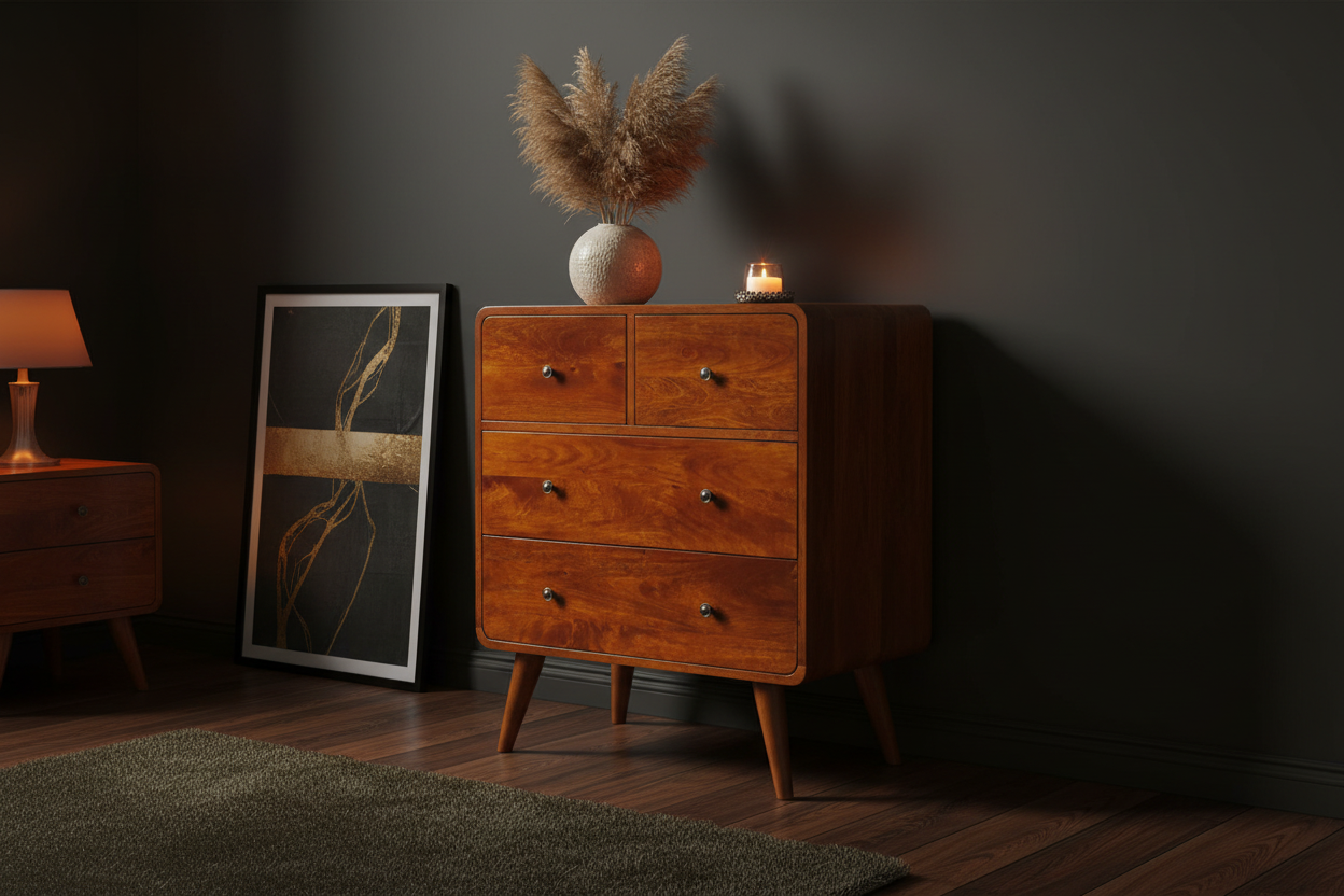 Arlo 4-drawer chest side view showing Nordic legs