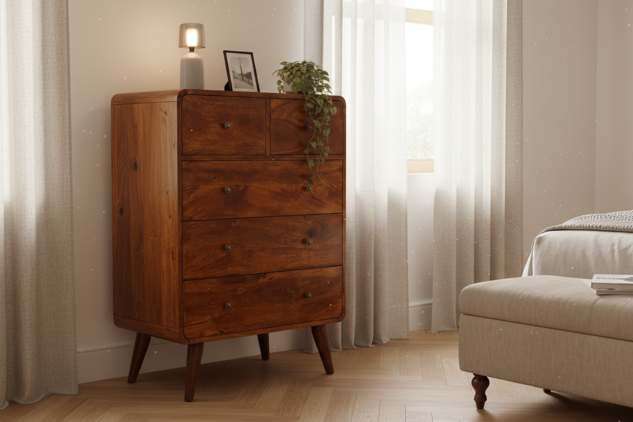 Arlo 5-drawer chestnut chest solid mango wood with brass knobs – front view