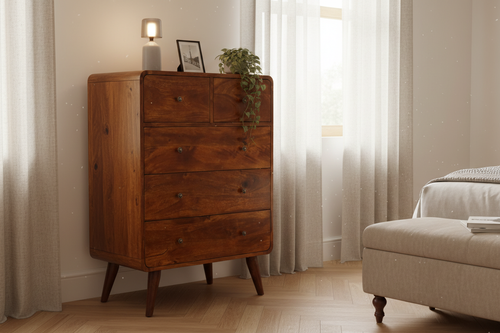 Arlo 5-drawer chestnut chest solid mango wood with brass knobs – front view