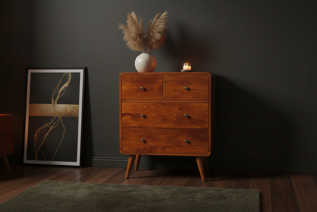 Arlo 4-drawer chestnut chest solid mango wood with brass knobs – front view