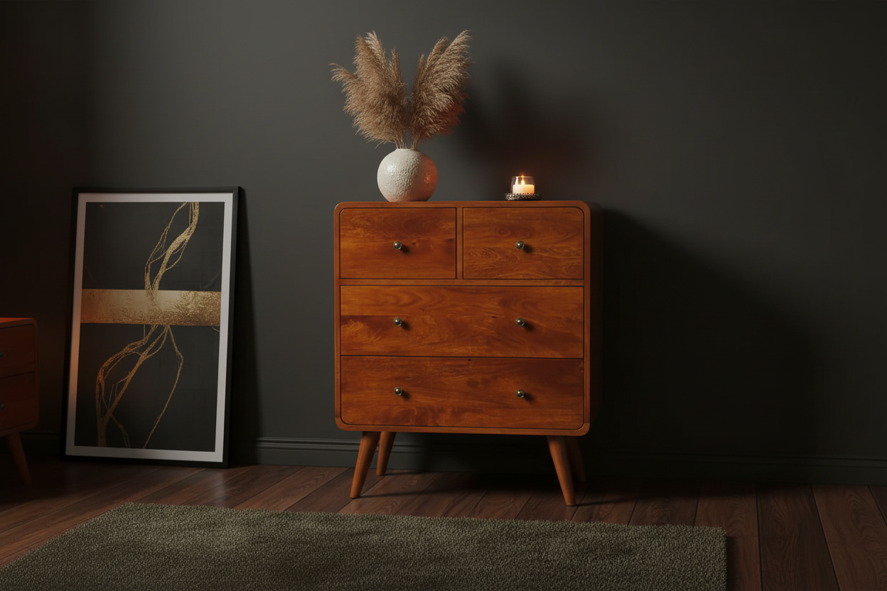 Arlo 4-drawer chestnut chest solid mango wood with brass knobs – front view
