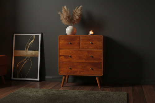 Arlo 4-drawer chestnut chest solid mango wood with brass knobs – front view
