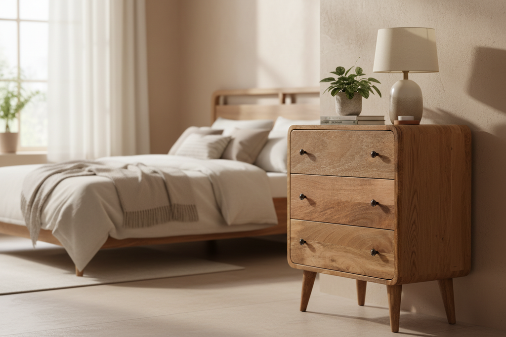 Curved compact oak chest of drawers solid mango wood with 3 drawers and brass knobs – front view