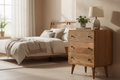 Curved compact oak chest of drawers solid mango wood with 3 drawers and brass knobs – front view