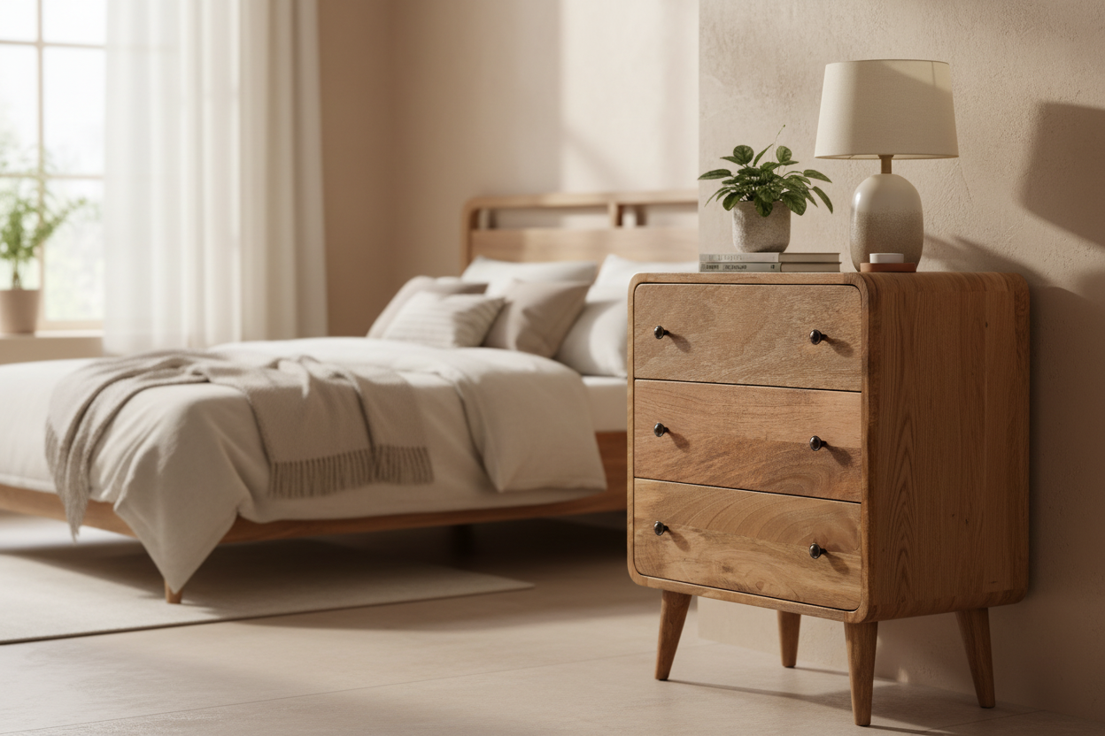 Curved compact oak chest of drawers solid mango wood with 3 drawers and brass knobs – front view
