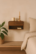 Beaumont floating chestnut bedside solid mango wood wall-mounted with 1 drawer and open shelf – front view