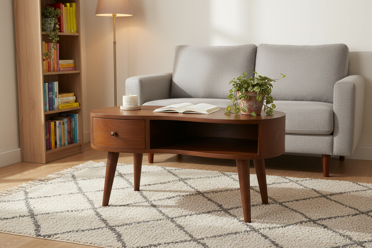 Nell rippled chestnut coffee table solid mango wood with unique wave silhouette – front view