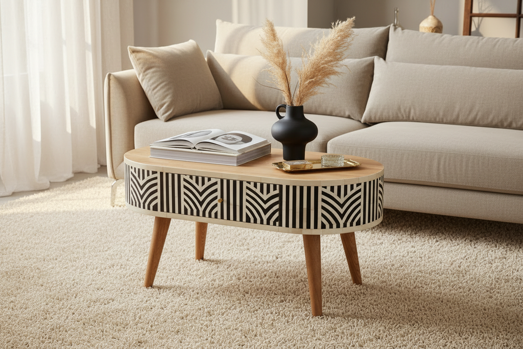 Boho inlay coffee table solid mango wood in oak with geometric inlay drawers – front view