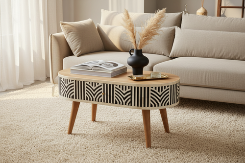 Boho inlay coffee table solid mango wood in oak with geometric inlay drawers – front view
