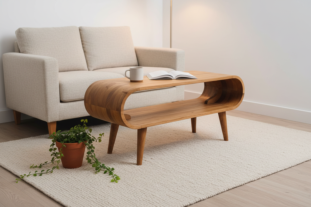 Nordic style solid wood coffee table and media unit open shelf – front view