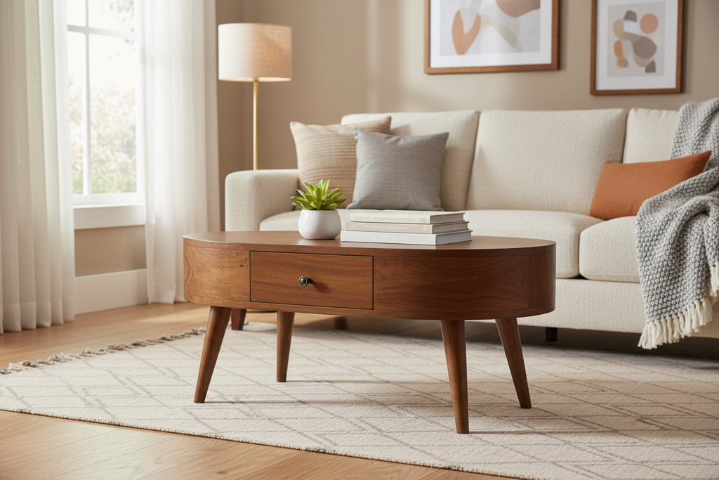 Viola chestnut coffee table solid mango wood round with integrated drawer – front view