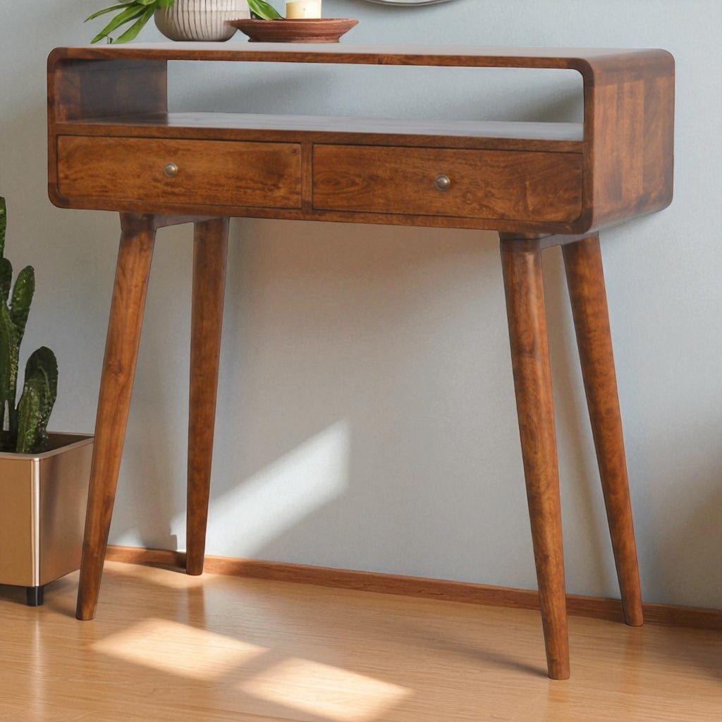 Curved chestnut console table solid mango wood with 2 drawers and open shelf – front view