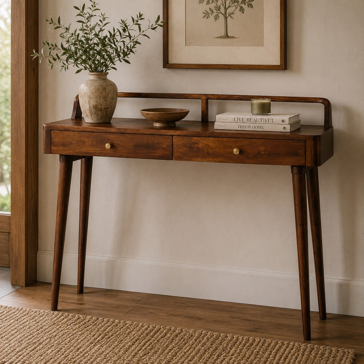 Vista Solid Wood 2 Drawer Console Table- Chestnut Finish