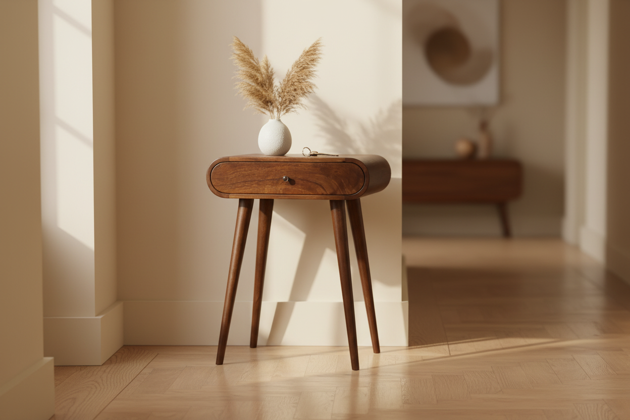 Mini Isabella chestnut console table solid mango wood with 2 drawers and Nordic legs – front view