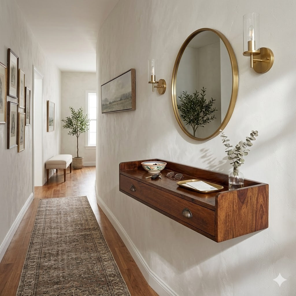 Lumina floating chestnut console table solid mango wood wall-mounted with 2 drawers – front view