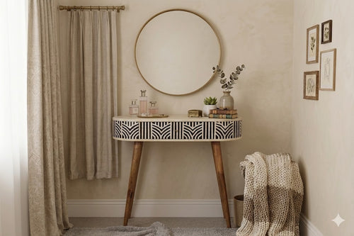 Boho geometric inlay dressing table in oak finish solid mango wood with 1 drawer – front view