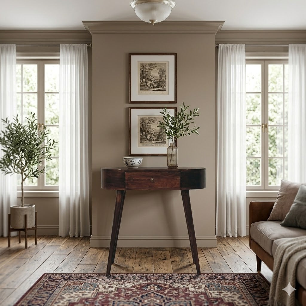 Napa curve console table solid mango wood in California walnut with 1 drawer – front view