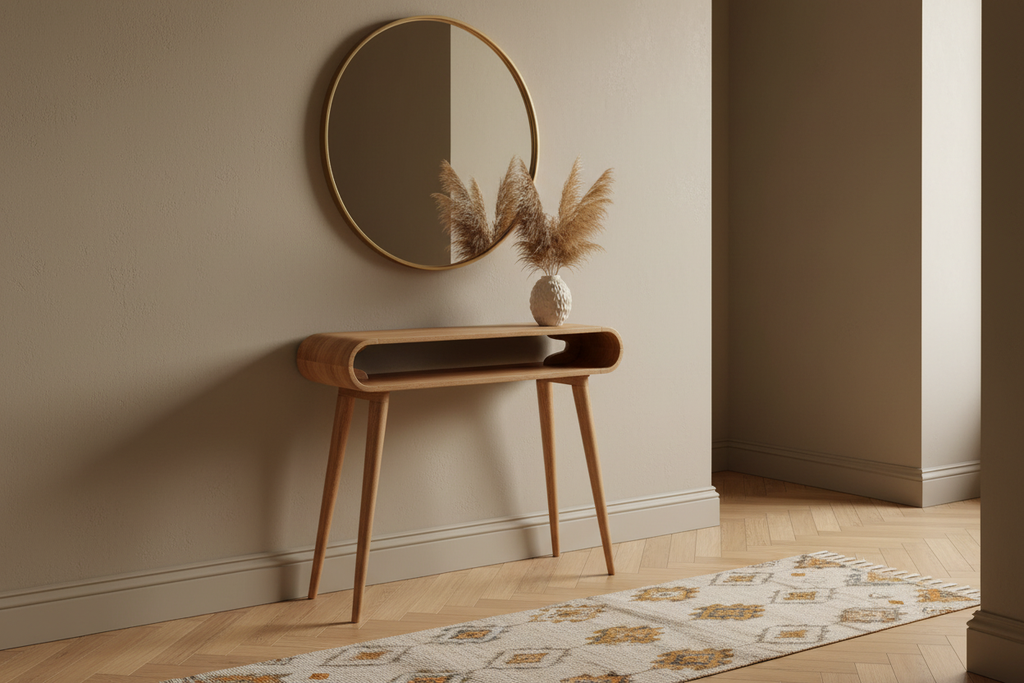Amaya oak Nordic console table solid mango wood with curved silhouette and open slot – front view