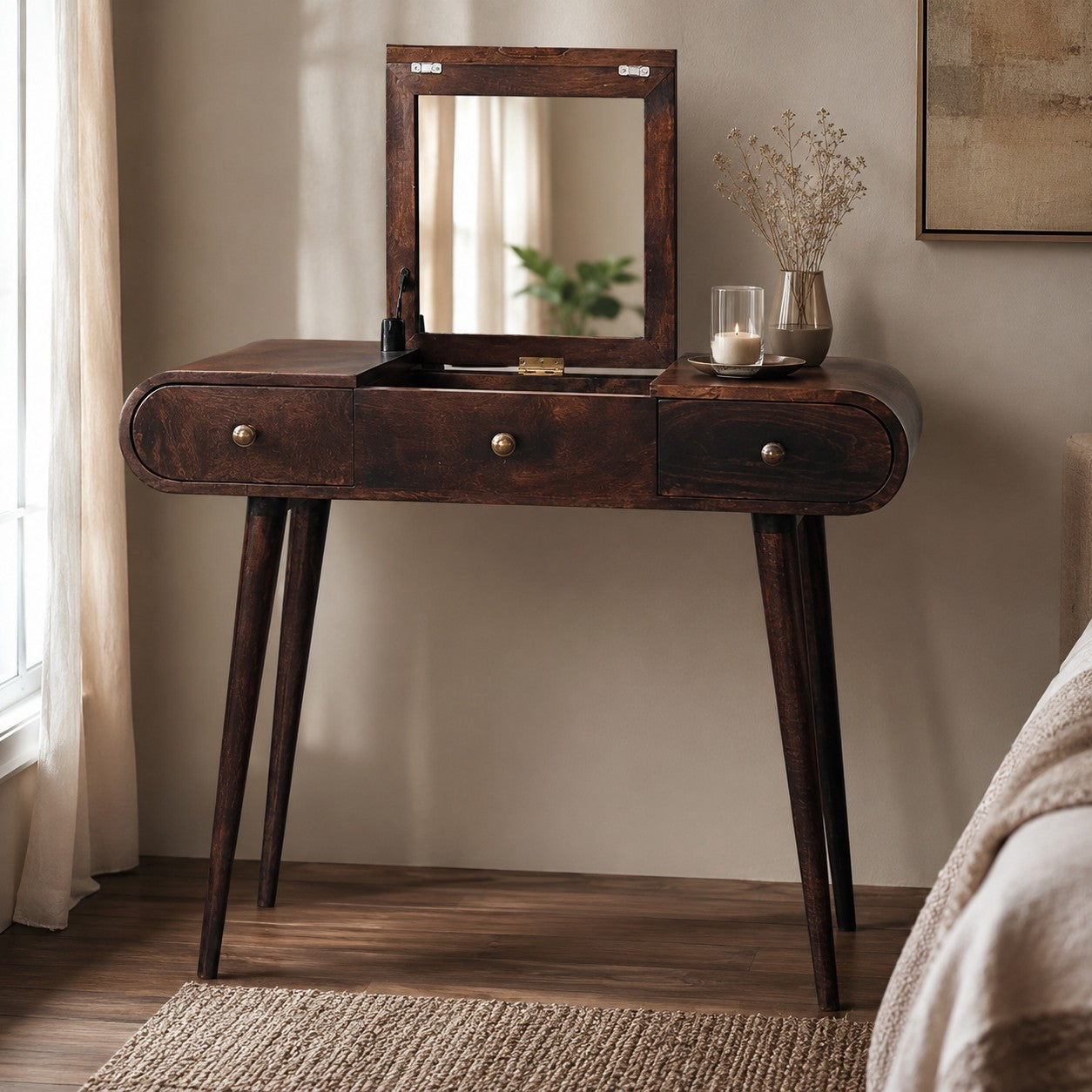 Malibu California walnut dressing table solid mango wood with foldable mirror – front view