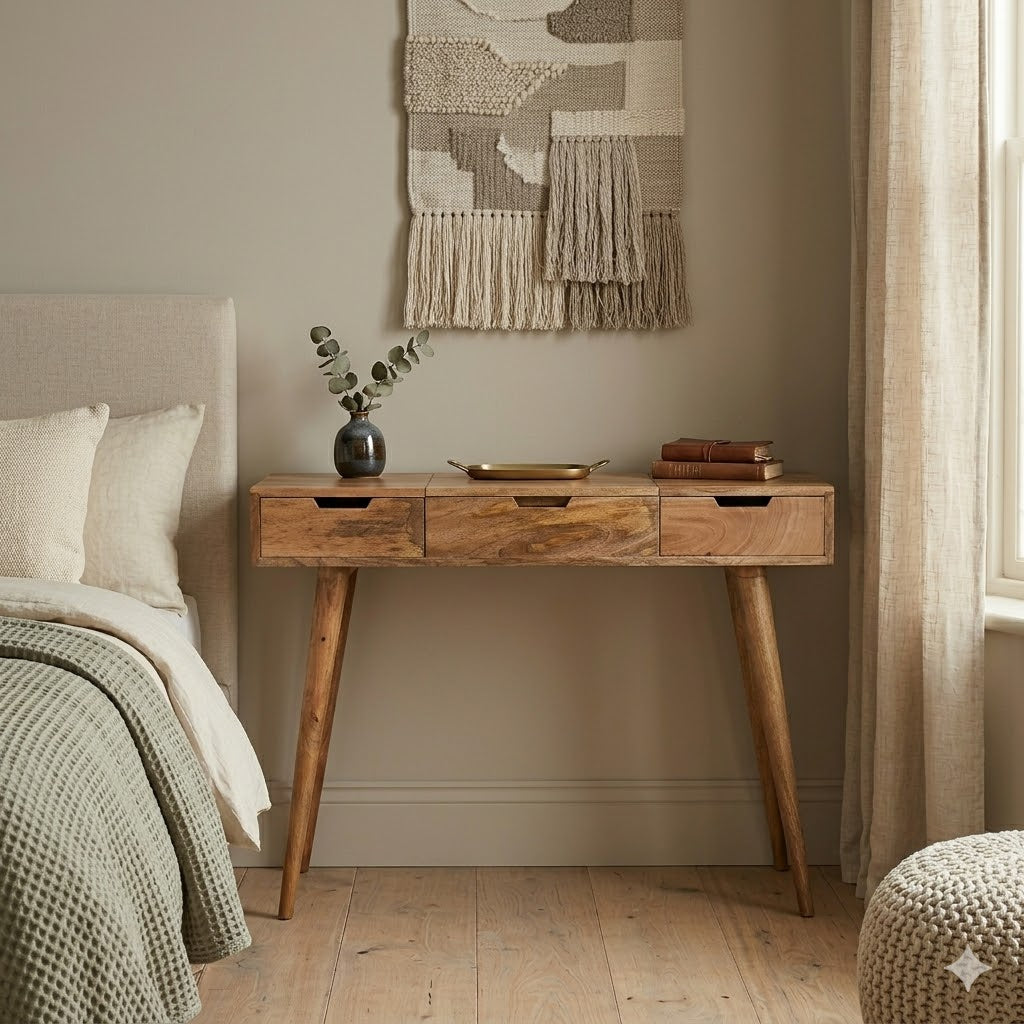 Nordic oak dressing table solid mango wood with 3 drawers and foldable mirror – front view