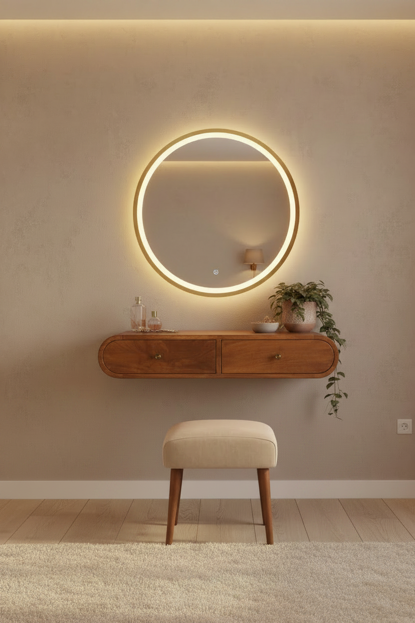Chelsea floating chestnut dressing table solid mango wood wall-mounted with 2 drawers – front view