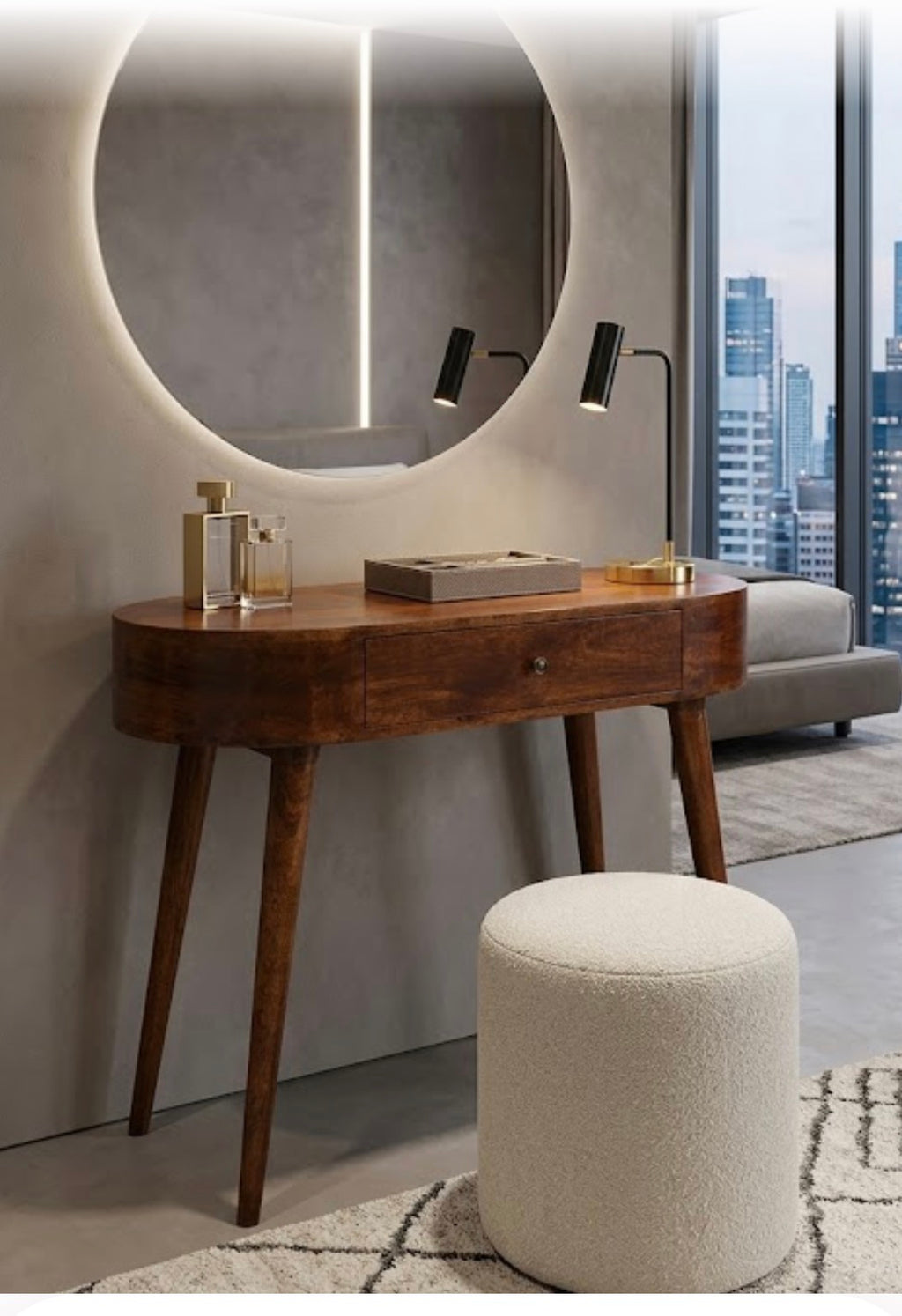 Arden chestnut dressing table solid mango wood with 1 central drawer and Nordic legs – front view