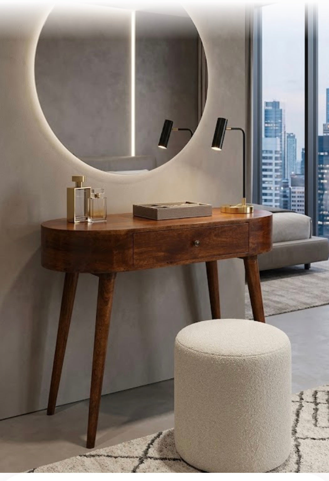 Arden chestnut dressing table solid mango wood with 1 central drawer and Nordic legs – front view