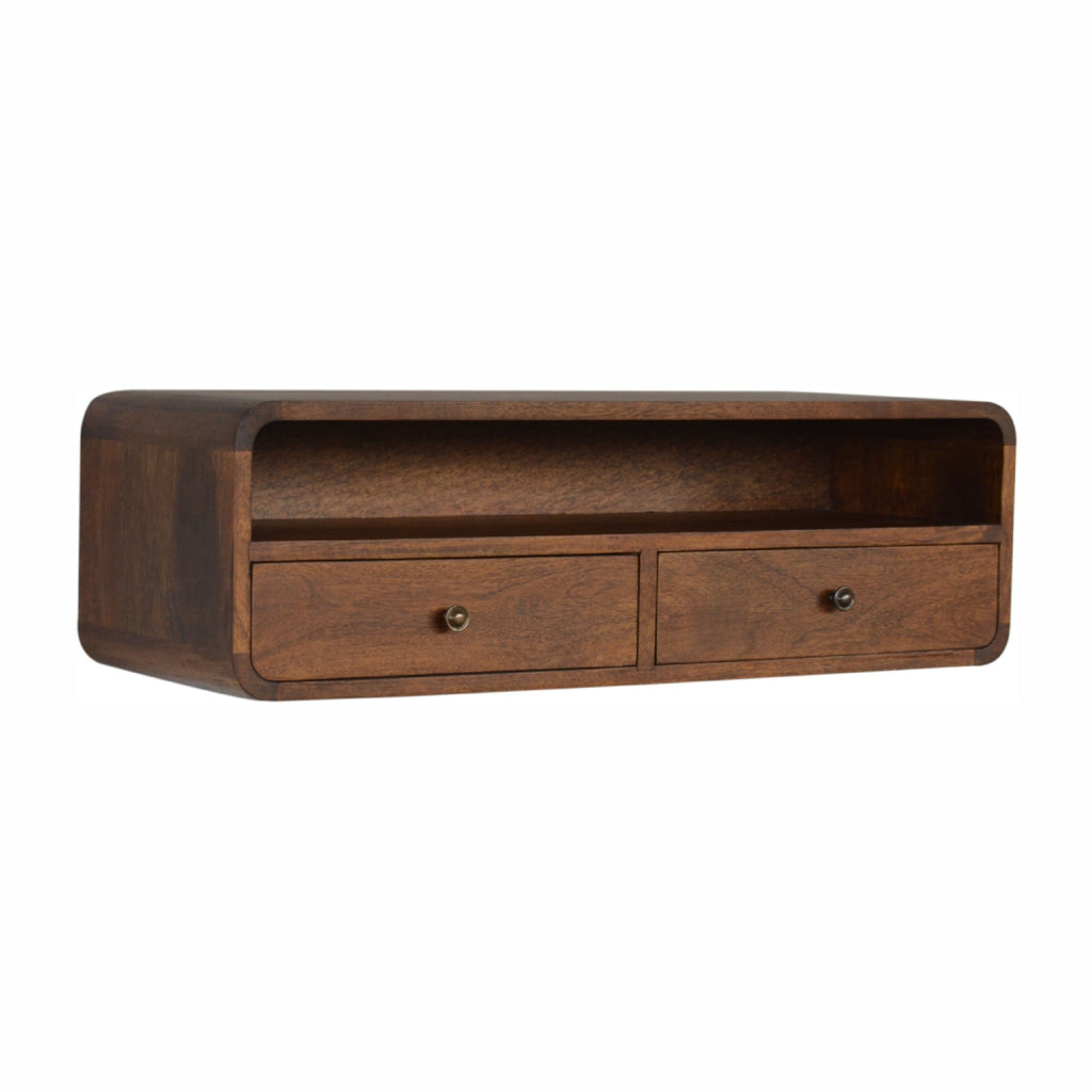 Bali floating chestnut console in narrow hallway setting