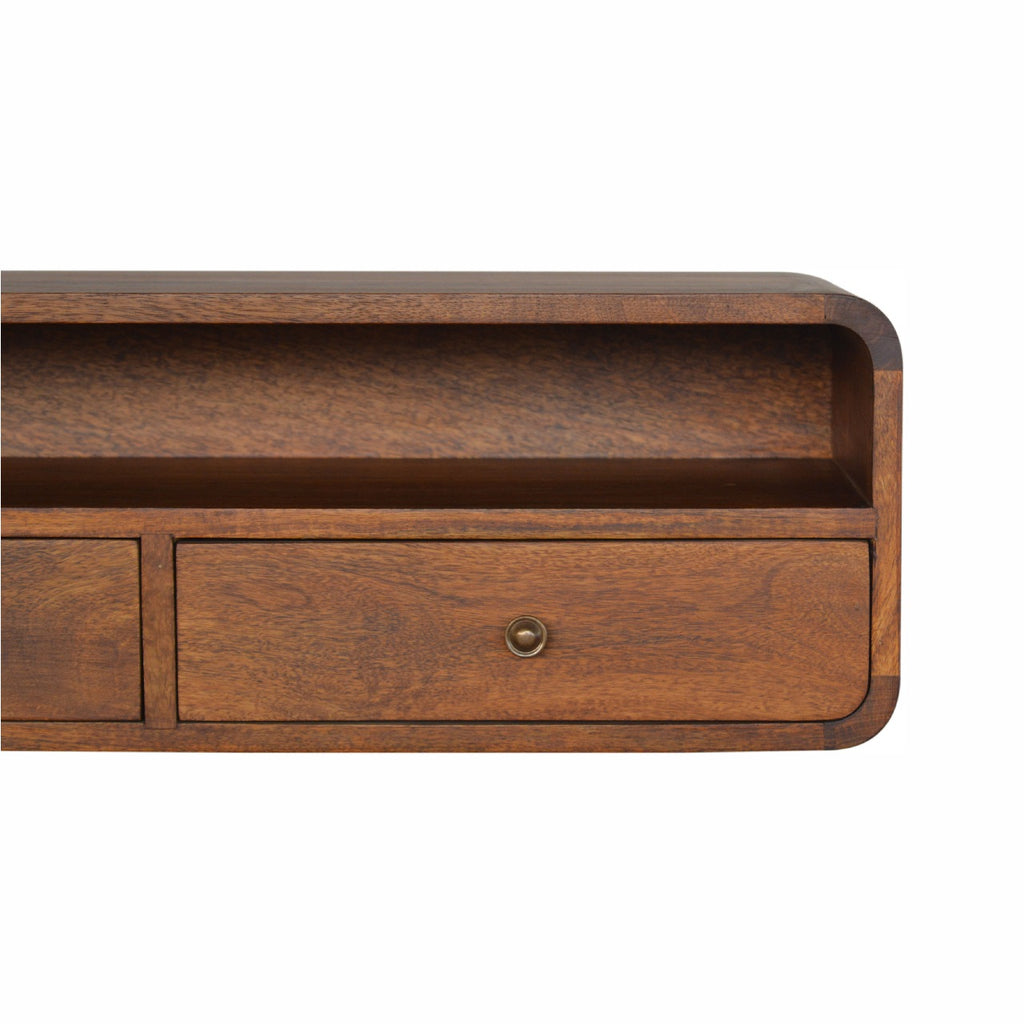 Bali chestnut console angled view showing open shelf