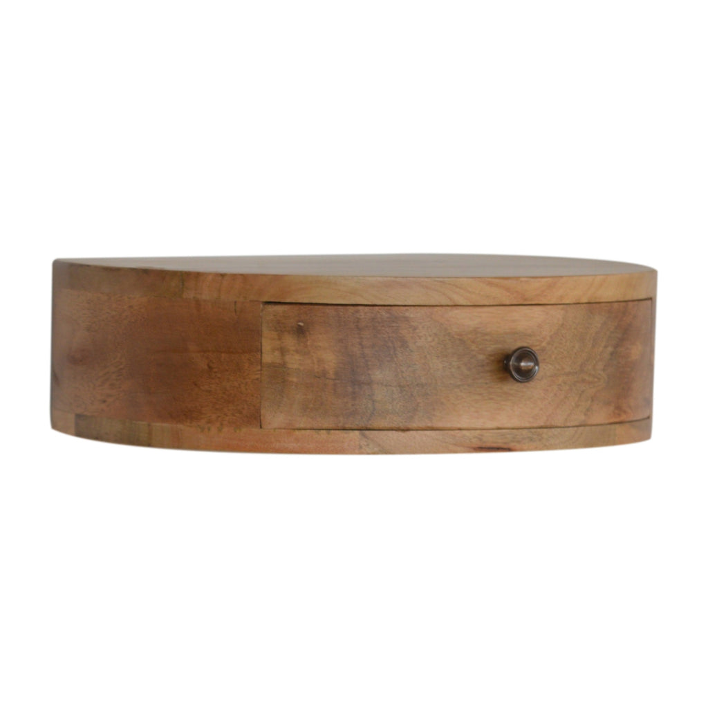 Curved chestnut floating bedside side view showing semi-circular profile