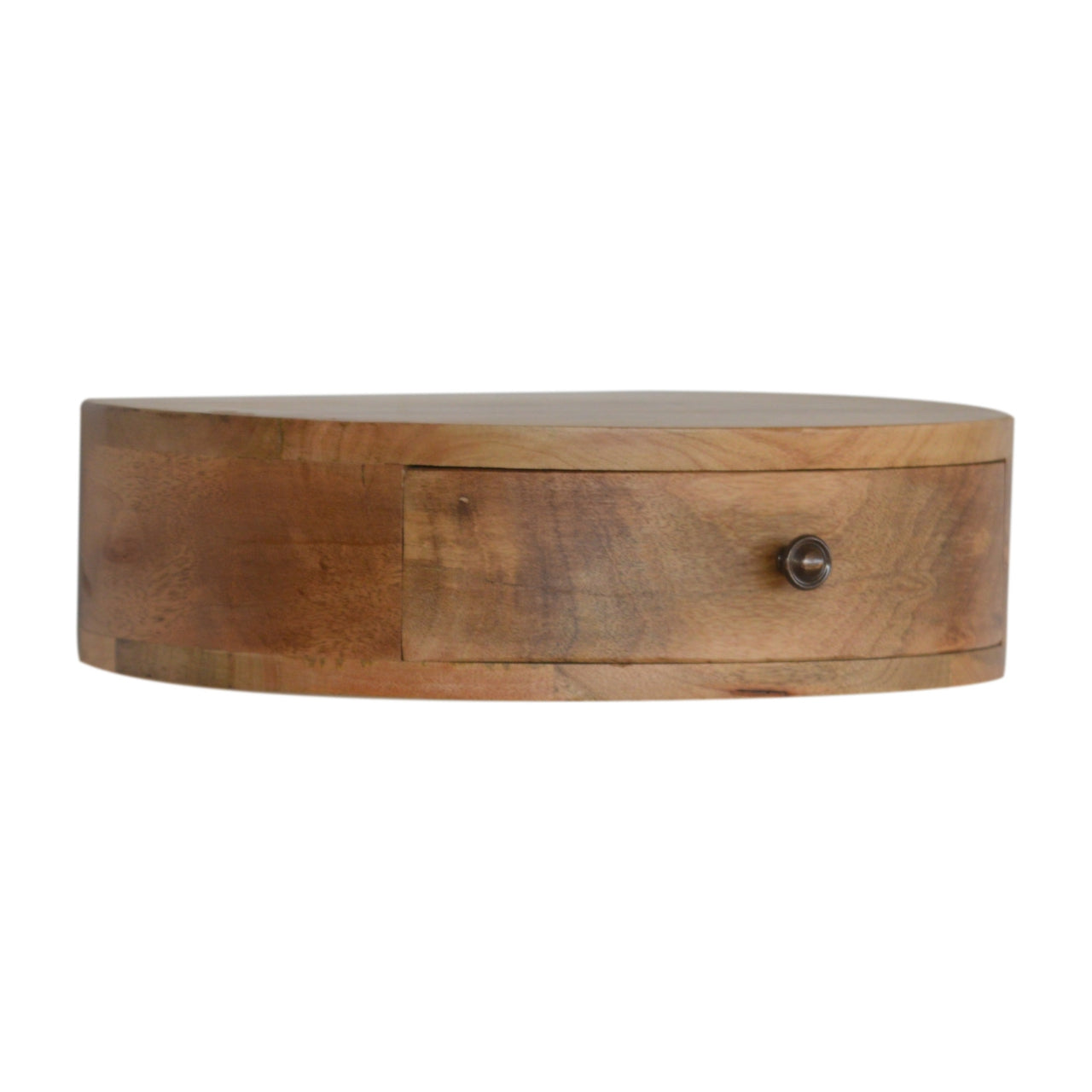 Curved chestnut floating bedside side view showing semi-circular profile