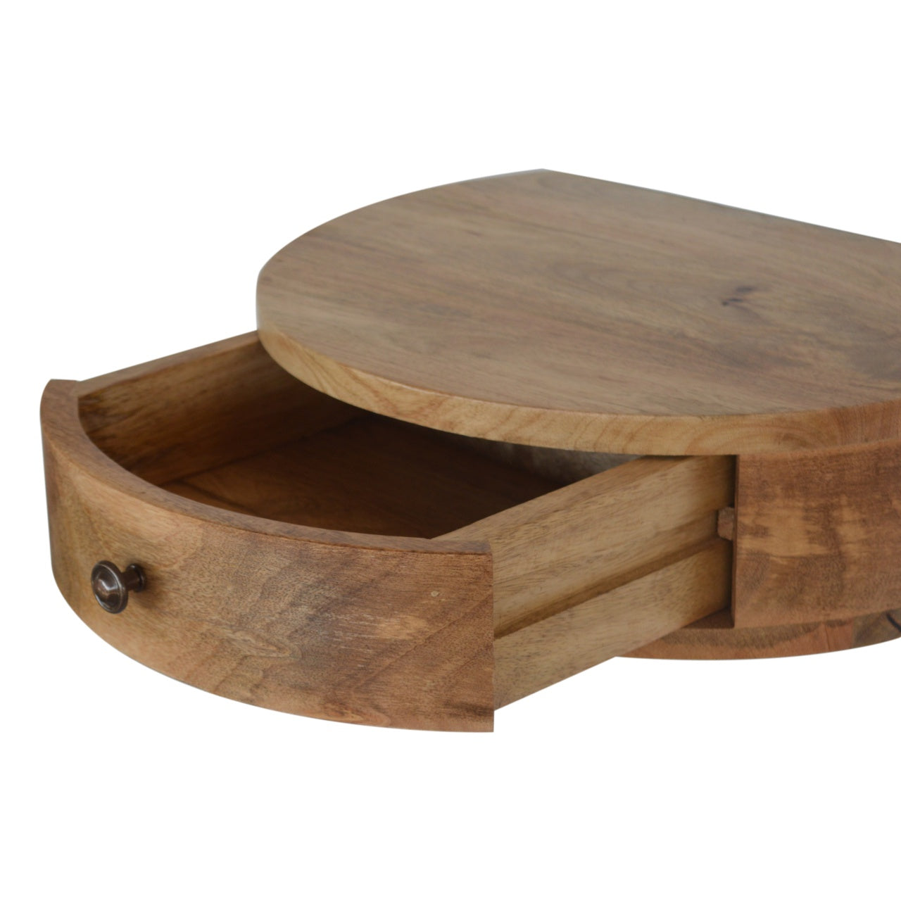 Curved chestnut floating bedside angled view